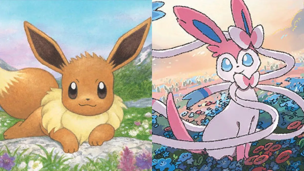 Eevee and Sylveon card artworks from Prismatic Evolutions side by side