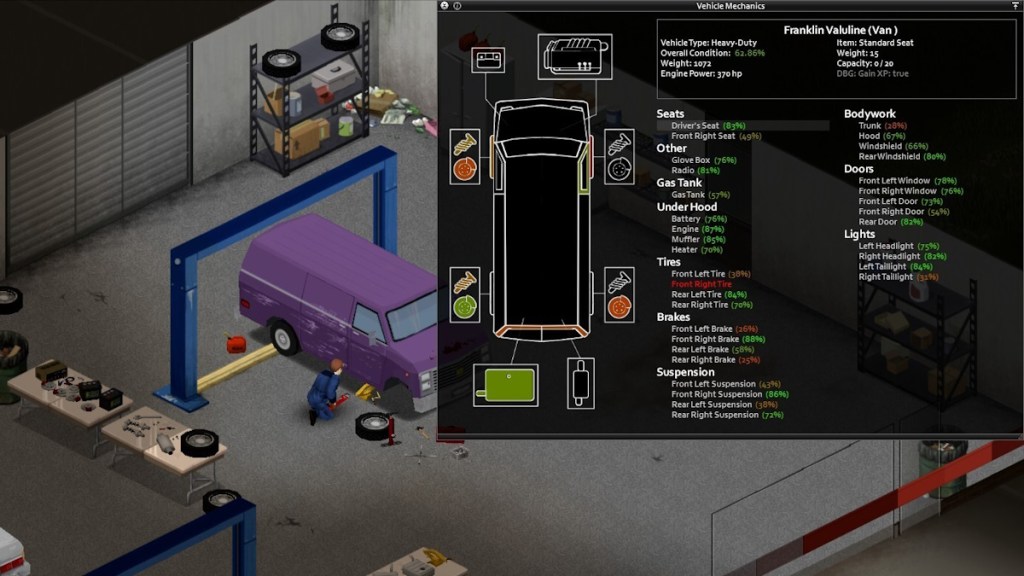 The protagonist repairing a purple van in a garage in Project Zomboid