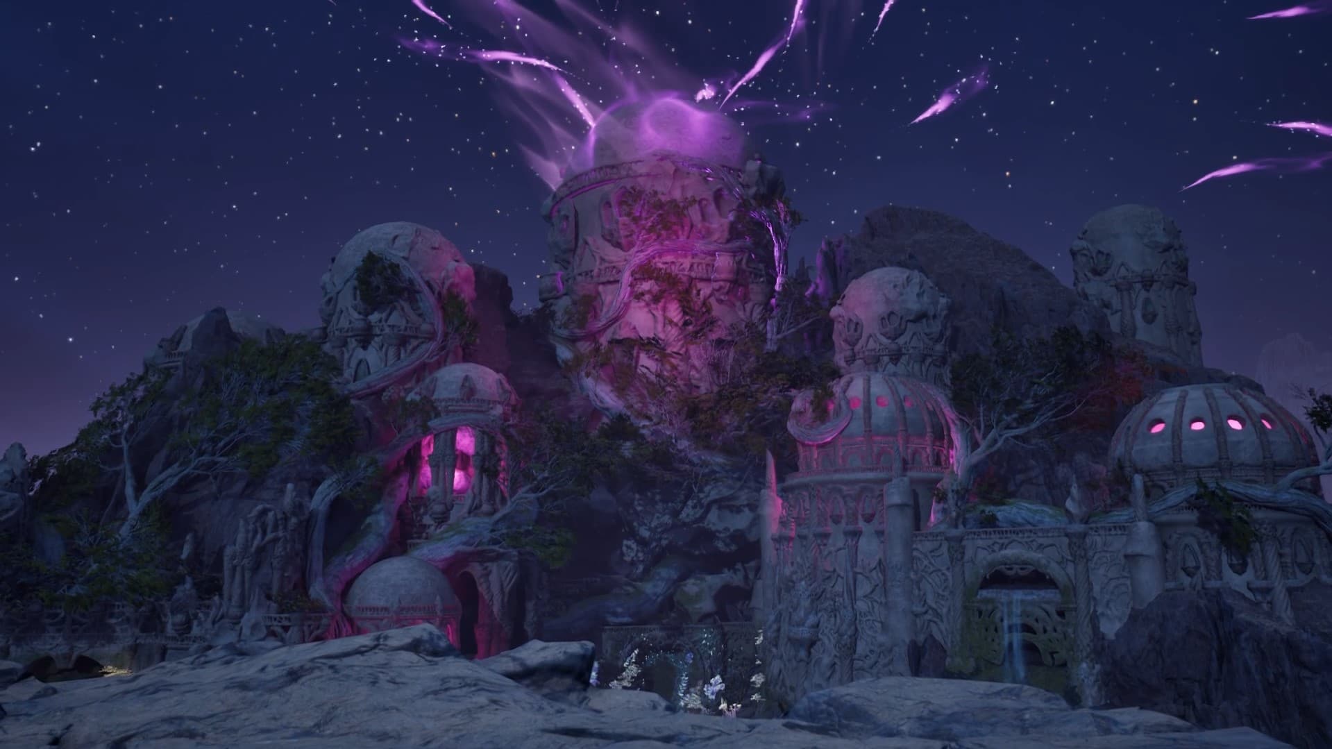 The ruins glowing pink as Ryngrim and Yatzli sever the Adra in Avowed's Shadows of the Past quest