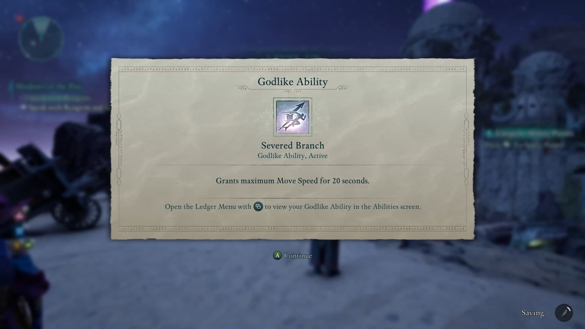 The Severed Branch godlike ability information displayed in Avowed after choosing to sever the Adra