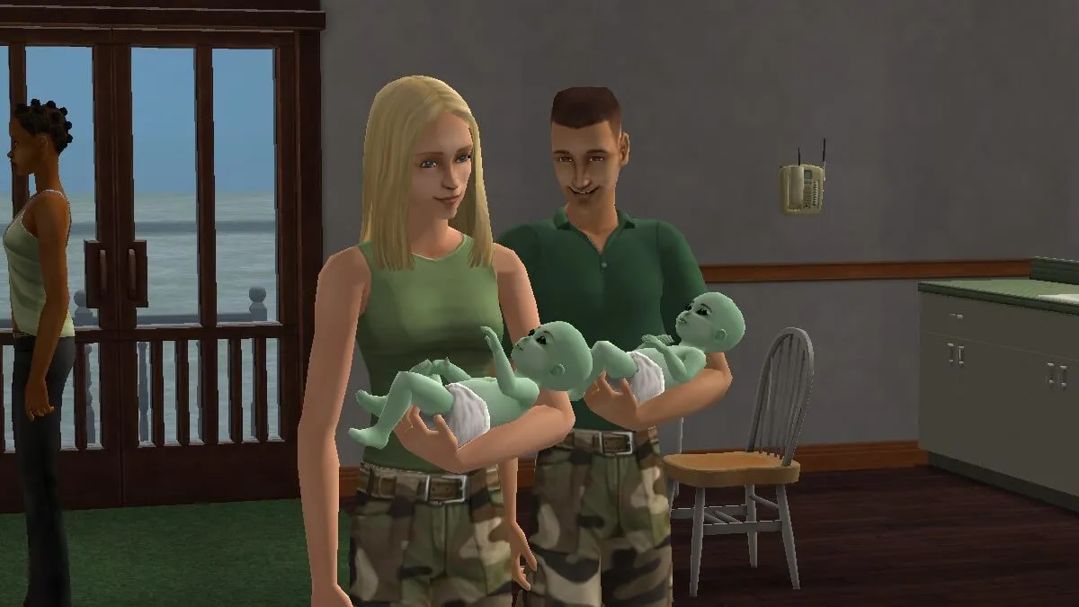 Sims 2 screenshot of a couple holding twin alien babies.