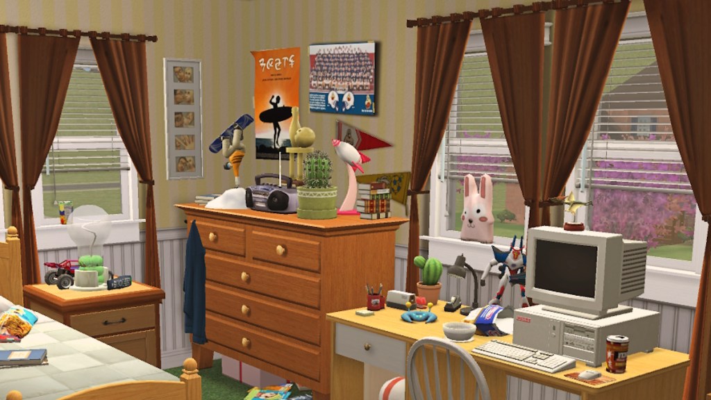 A Sims 2 room filled with clutter and objects