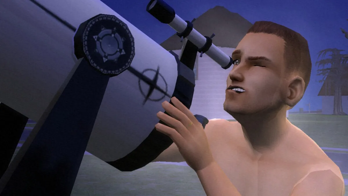 Sims 2 screenshot of a Sim looking through a telescope.