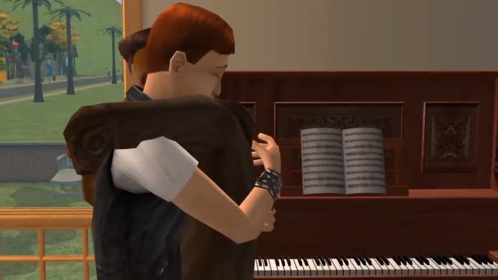 Two male Sims hug