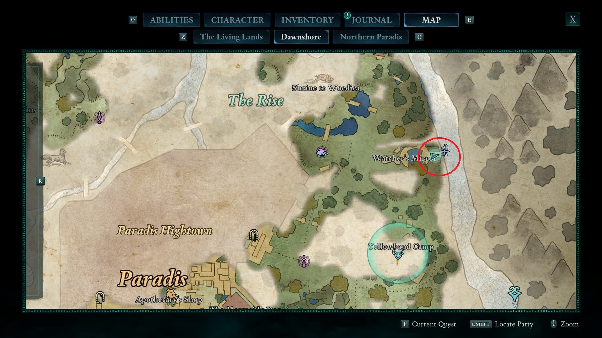 The map in Avowed with a red circle marking the location of The Voice's memory in Dawnshore