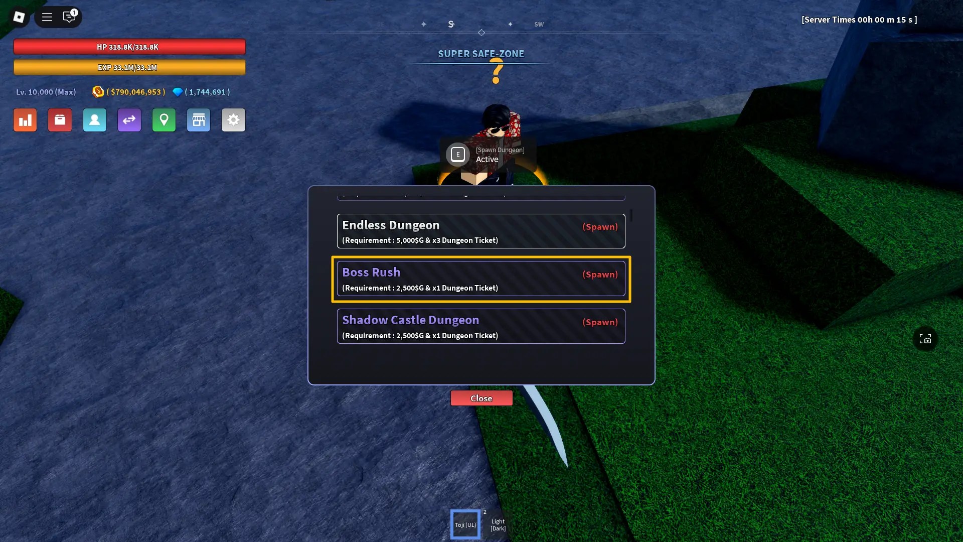 Preview of the Spawn Dungeon menu with the Boss Rush dungeon highlighted in Verse Piece Roblox experience