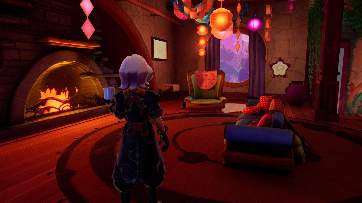 A character brings tea to a dark red room in Wanderstop.