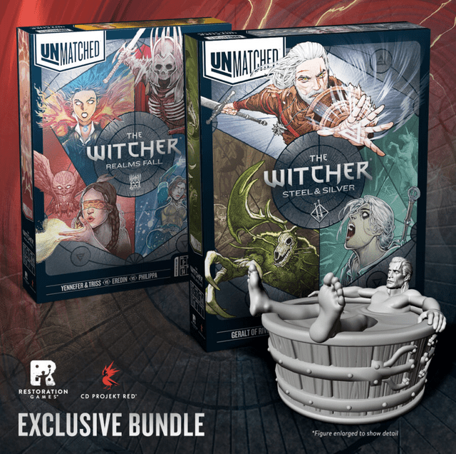 Unmatched: The Witcher bundle boxes and Geralt in bathtub miniature