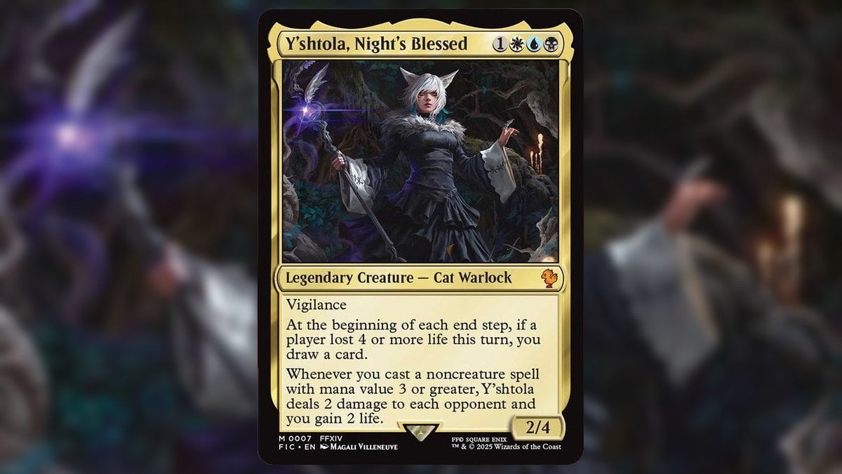 The Magic: the Gathering card Y'shtola, Night's Blessed on a blurry background.