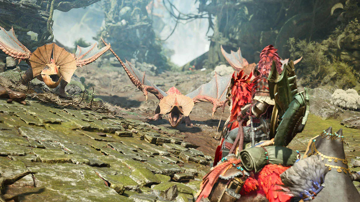 The Hunter faces a group of Yian Kut-Ku in Monster Hunter Wilds.