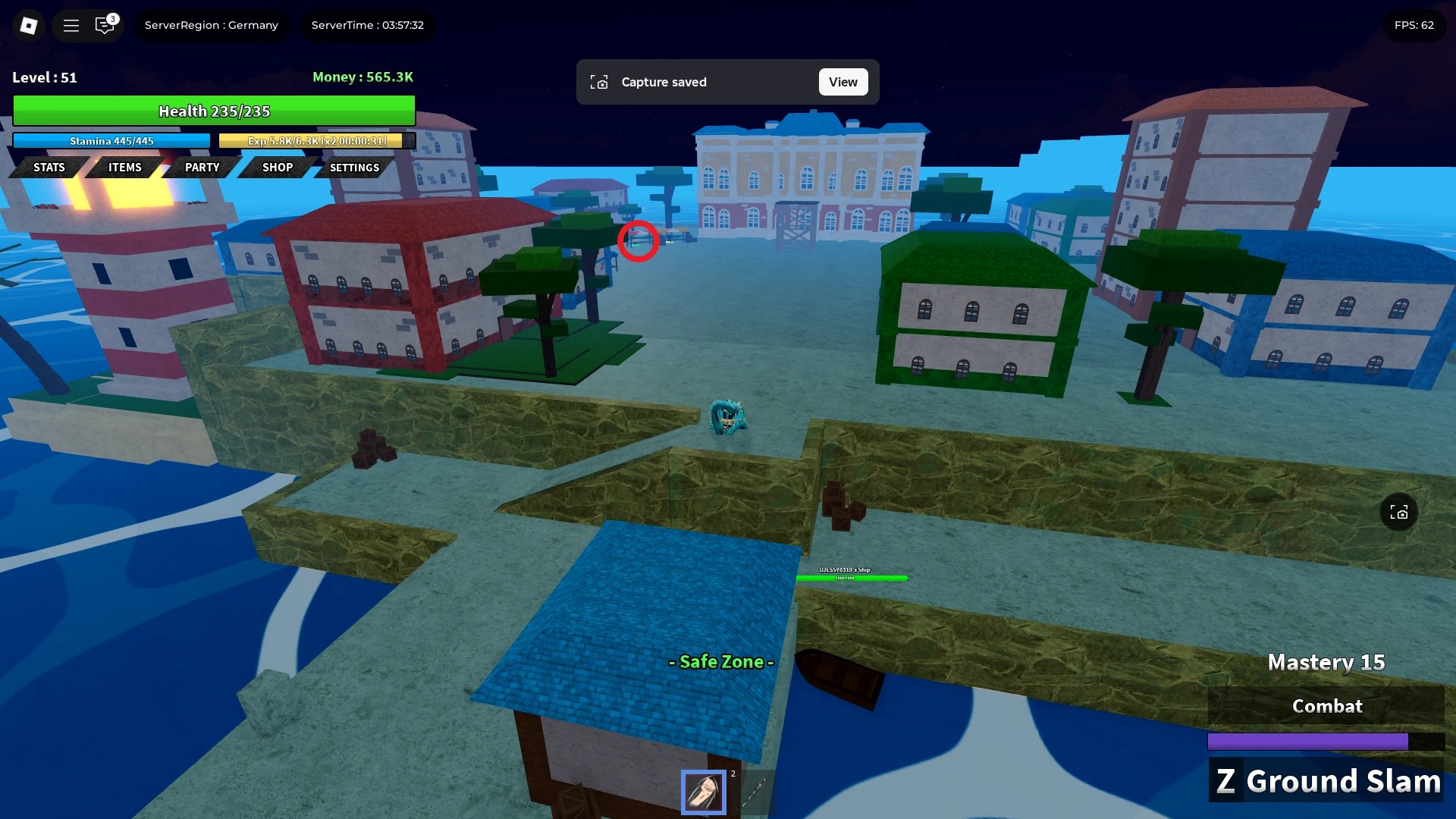 Location of the Trait Reroll NPC on the Logue Town island in Dawn Piece Roblox experience