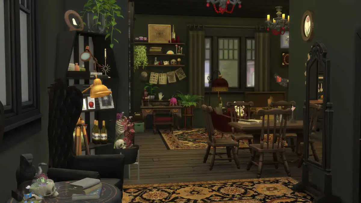 Goth interior in The Sims 4 made with multiple items from listed CC sets