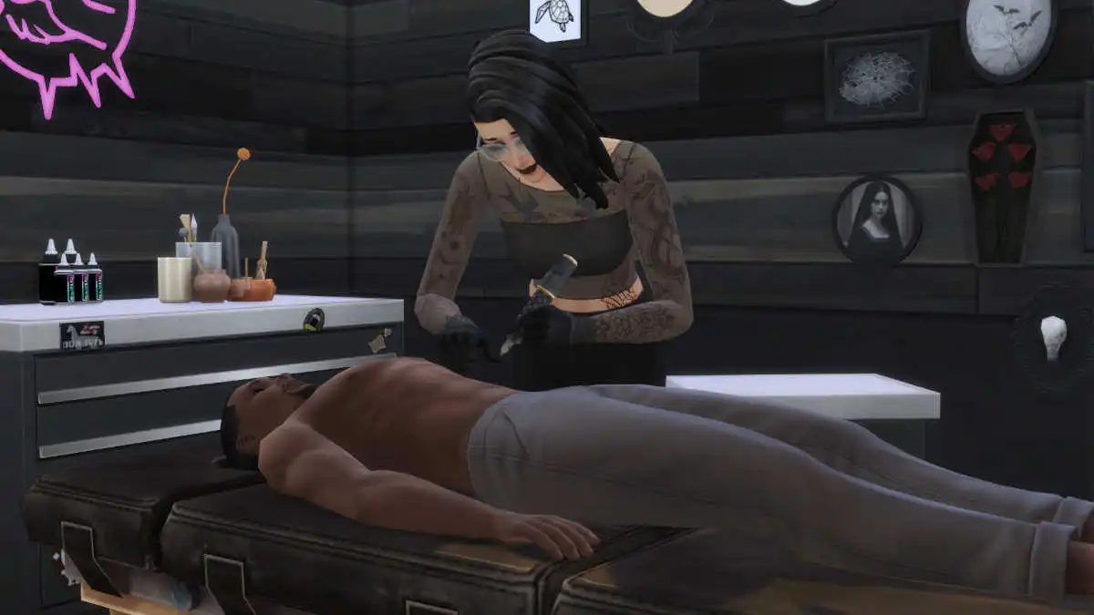 A Sim giving a tattoo in The Sims 4