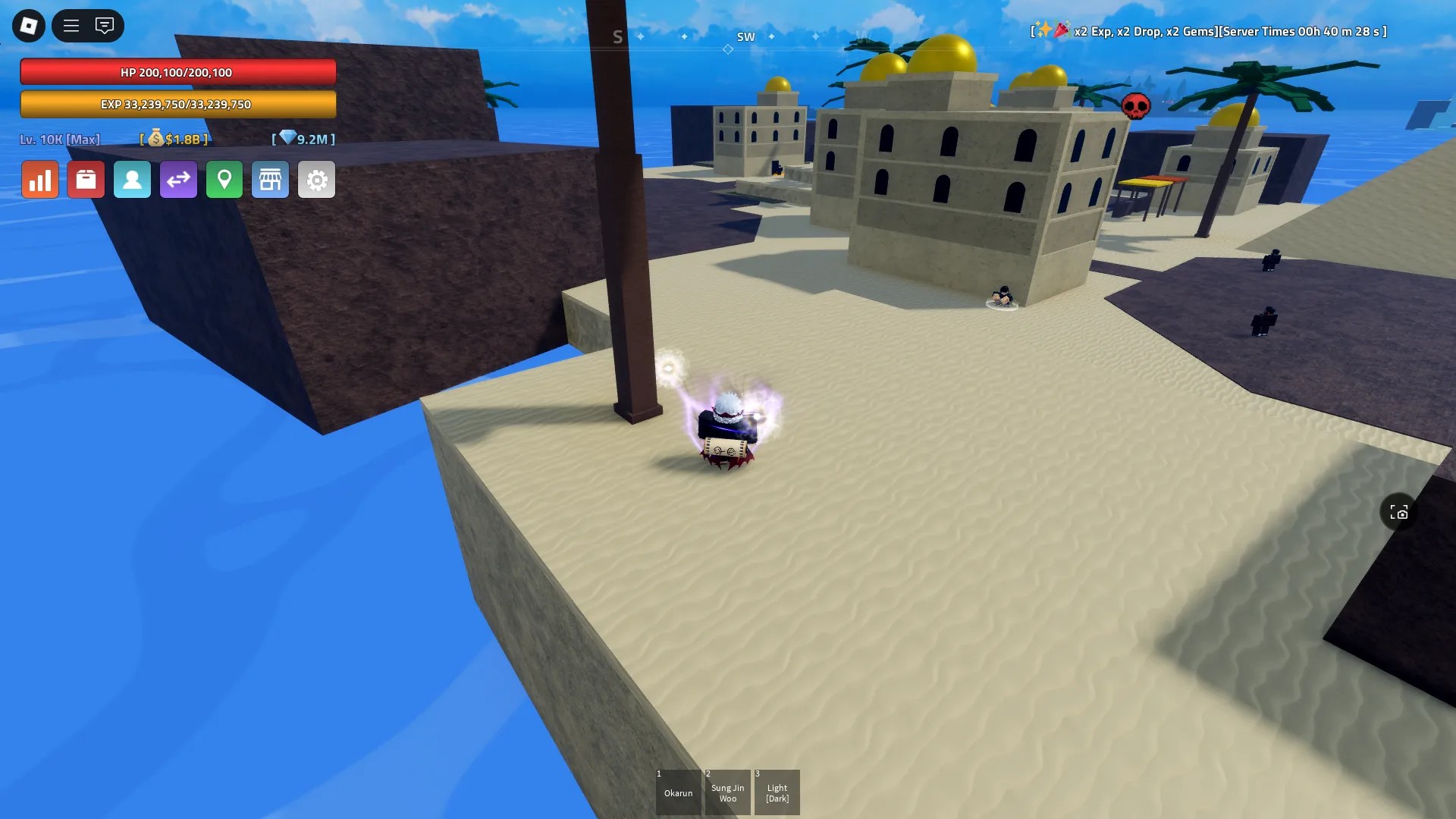 A player showing the Wisp spawn location on the Desert Town island in Verse Piece Roblox experience