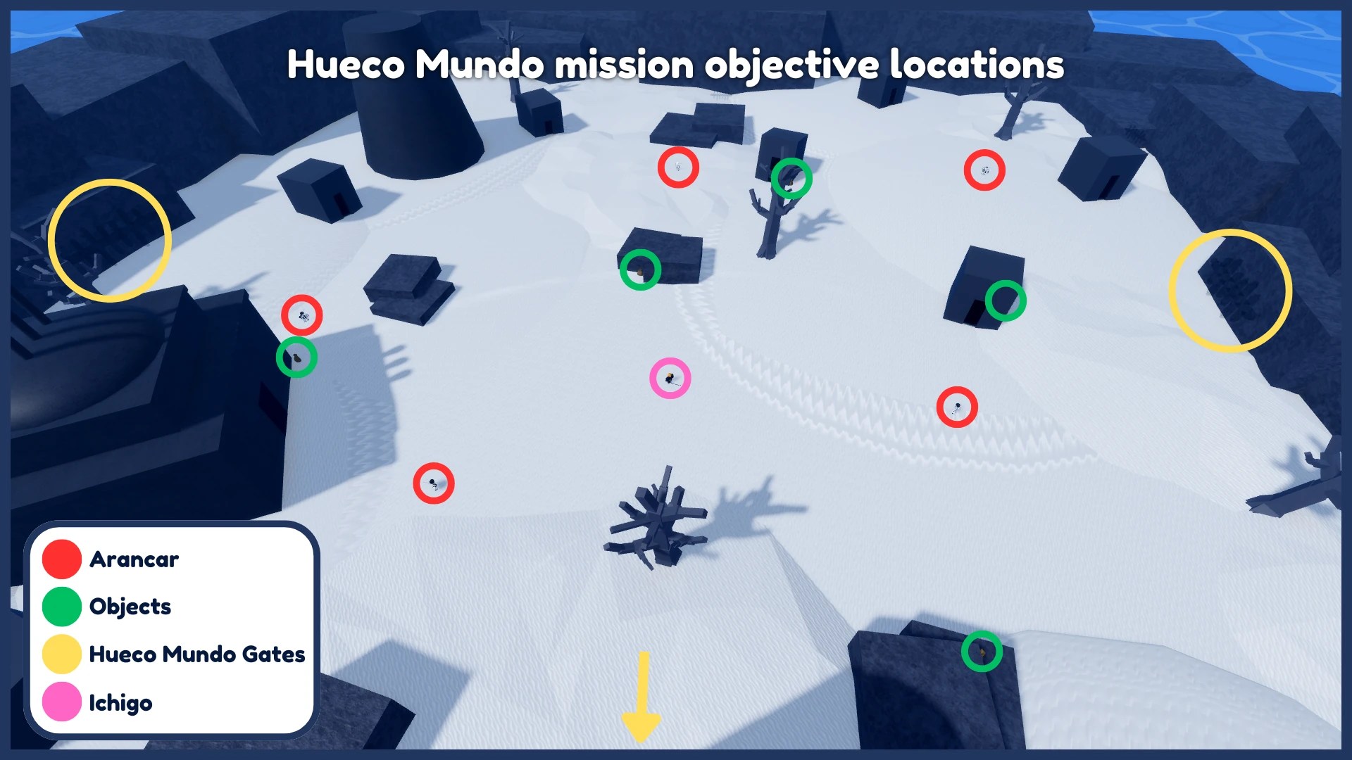 A top-down view of the Hueco Mundo missions island with all of the potential mission objective locations marked down