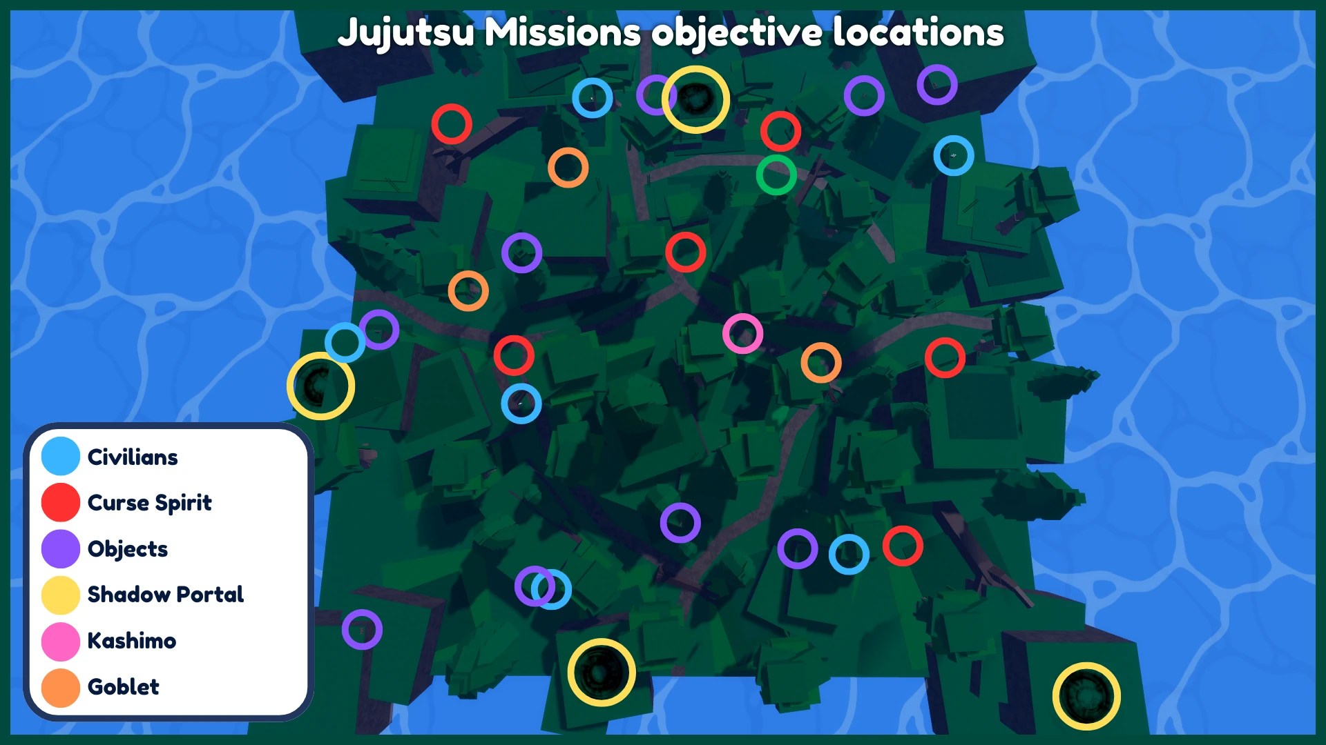 A top-down view of the Jujutsu missions island with all of the potential mission objective locations marked down