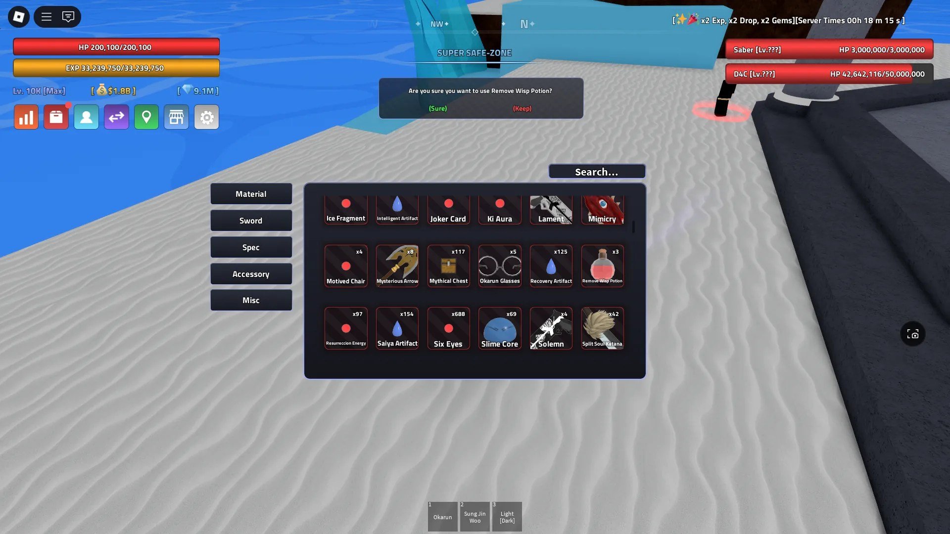 A player using the Remove Wisp Potion from their inventory in Verse Piece Roblox experience