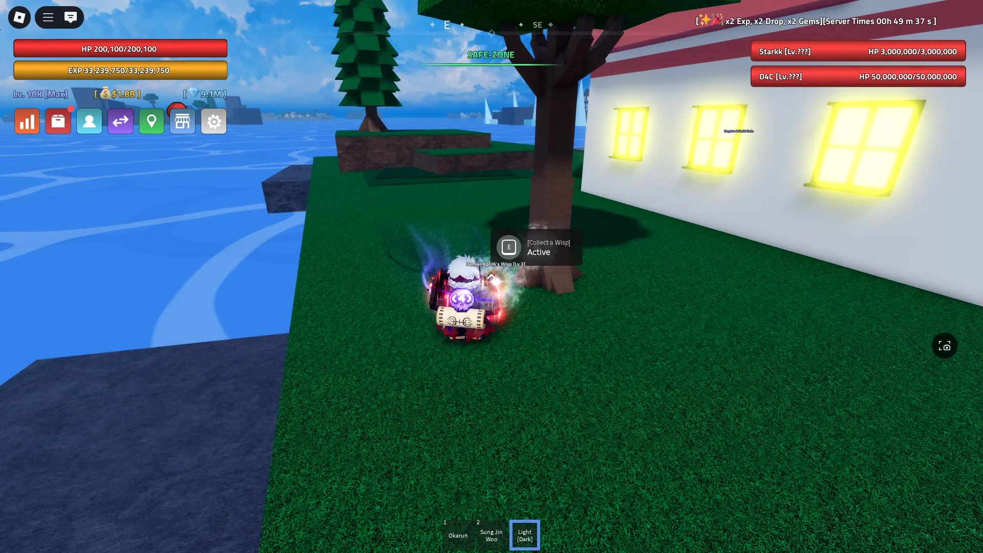 A player showing the Wisp spawn location on the Arcade Isle in Verse Piece Roblox experience