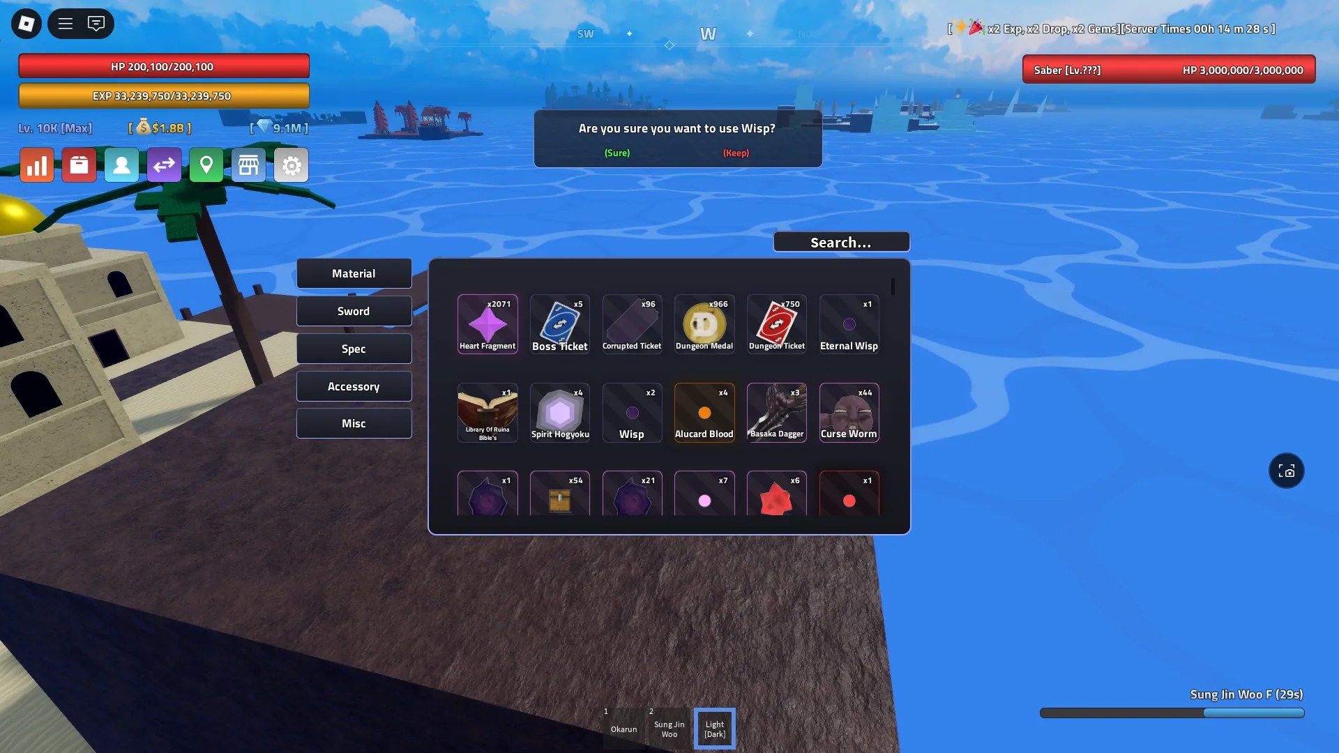 A player showing the regular Wisp and the Ethernal Wisp in their inventory in Verse Piece Roblox experience